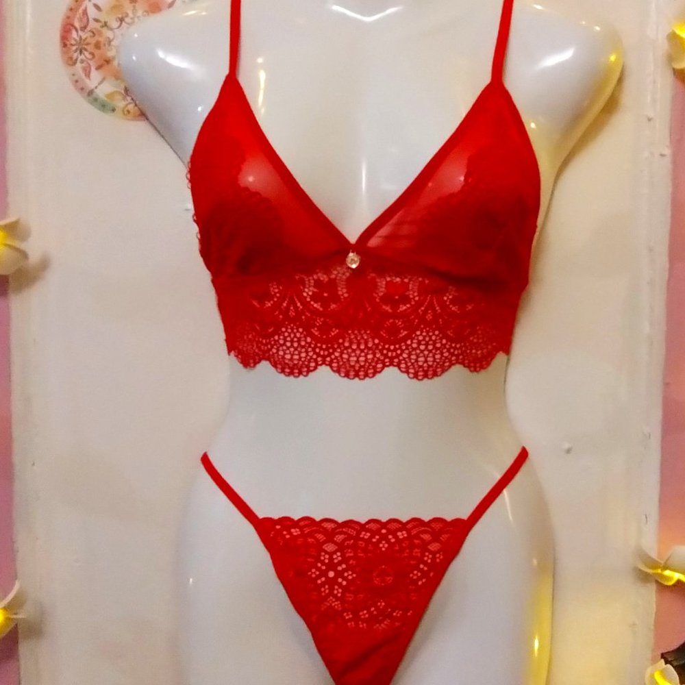 Lace and Sheer (M) Rhinestone Accent Bralette and Panty Set